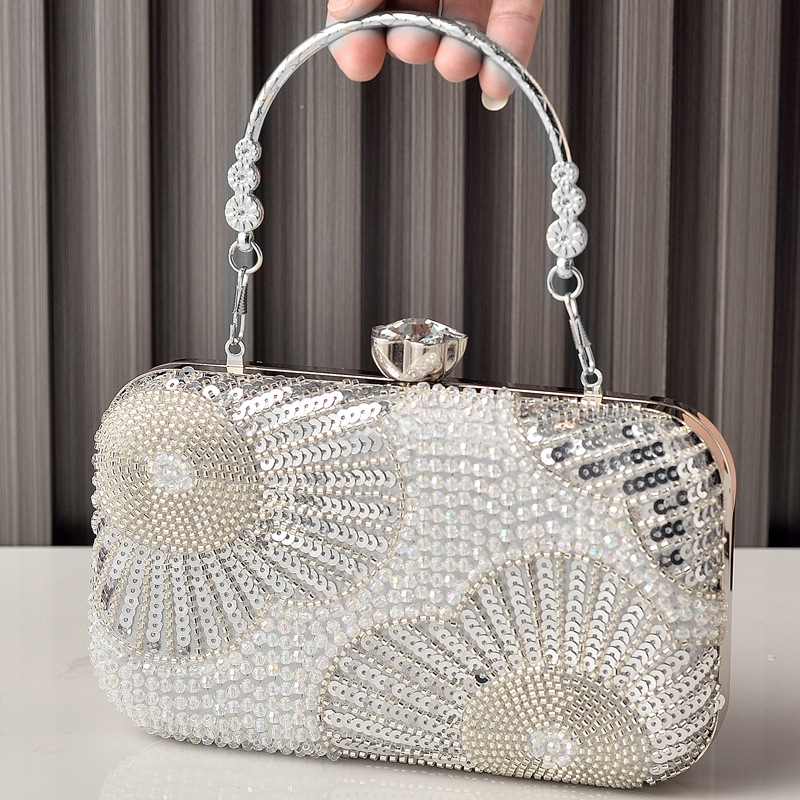 Evening Bag Beaded - Pearl Sequined Silver Wedding Party Bag